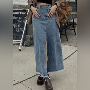 Commense Asymmetrical Button Slit Denim Maxi Skirt